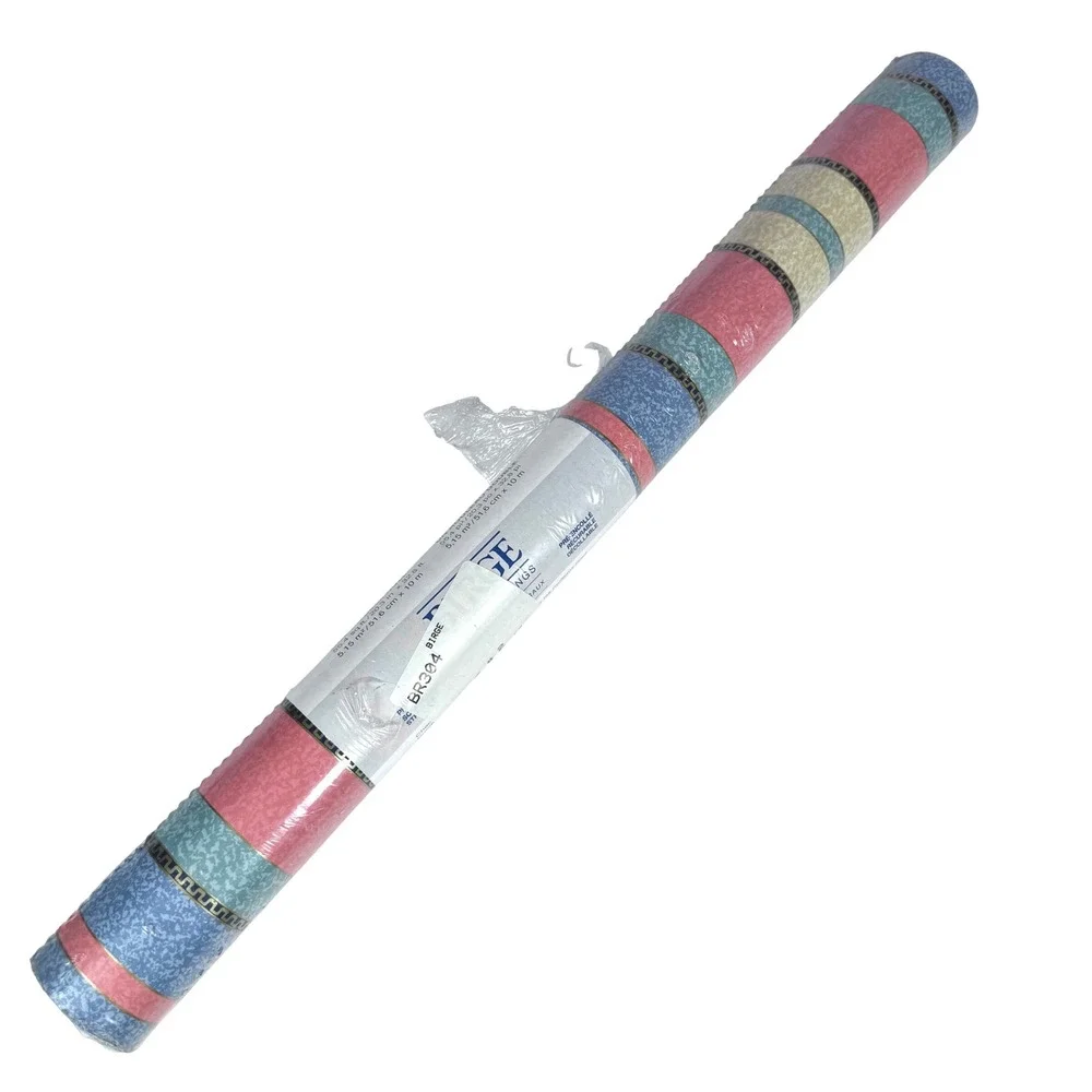 Birge Vintage Wallpaper Striped Pink Blue Pastels Gold Greek Key 55.4 sq ft New